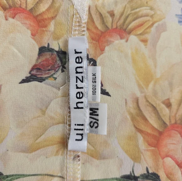 Uli Herzner Silk Floral Yellow Blue Long Baloon Sleeve V-neck Maxi Dress S/M - Picture 7 of 8